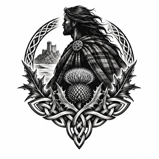 Black and grey tattoo of a Highlander warrior with long hair and tartan cloak, Celtic knotwork and a thistle, with a castle in the background.