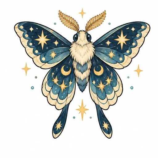 Illustration of a moth with blue and cream wings decorated with golden stars and moons, surrounded by small star shapes.