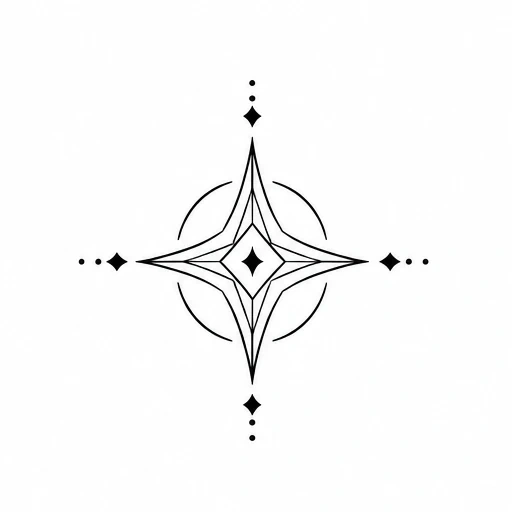 Fine line star compass tattoo with diamonds and dots in symmetrical layout
