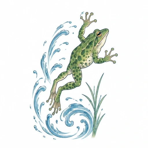 Green spotted frog climbing with swirling blue water splashes and green reeds in Japanese tattoo style