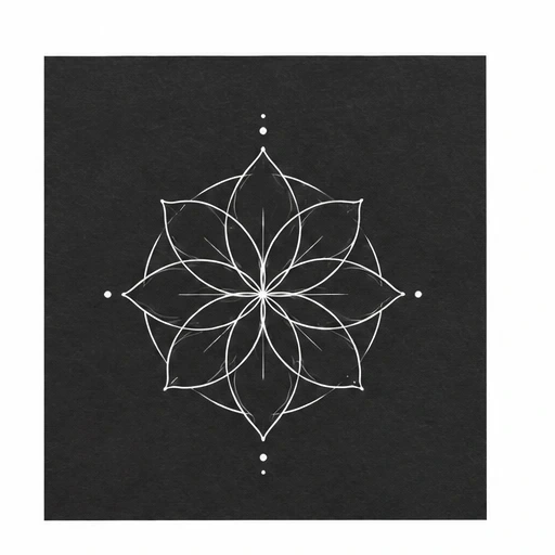 White mandala flower tattoo design on black background with symmetrical petals and dots