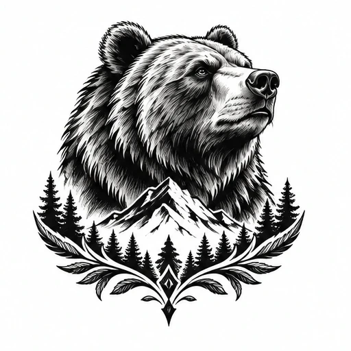 Black and white tattoo design of a bear head above a mountain and pine trees framed by decorative leaves