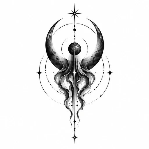 Abstract tattoo design with crescent shapes, central black orb, flowing smoky tendrils, and star motifs in black and gray tones