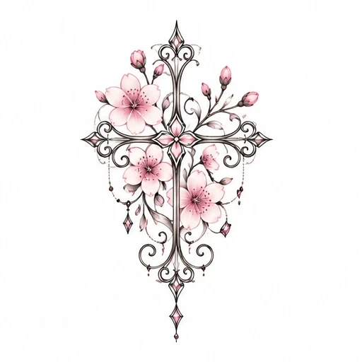 Ornamental cross tattoo adorned with pink cherry blossoms and intricate filigree details