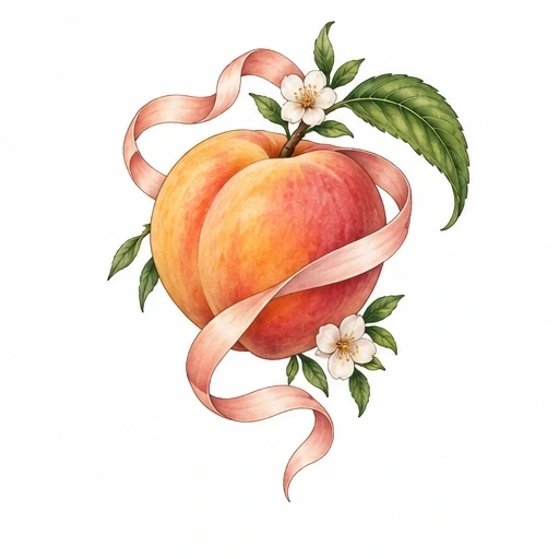 Peach fruit adorned with a pink ribbon, white blossoms, and green leaves tattoo design