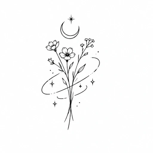 Black line tattoo of small wildflower bouquet with crescent moon and stars