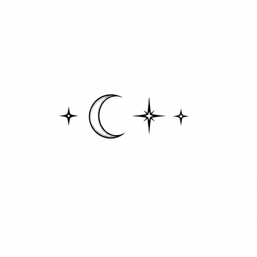 Black fine line crescent moon with three black stars in a horizontal arrangement