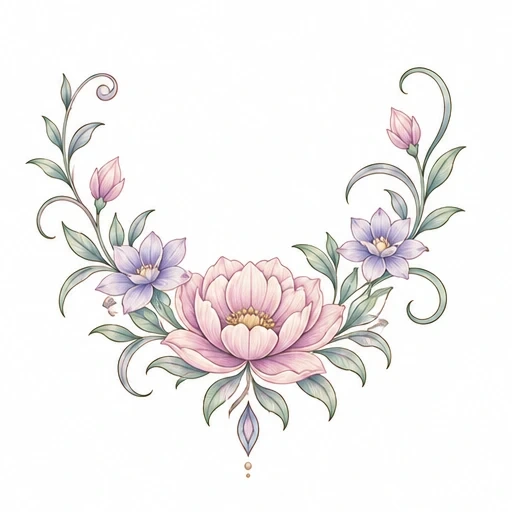 Delicate V-shaped tattoo design of pink peony and purple flowers with green leaves and vines