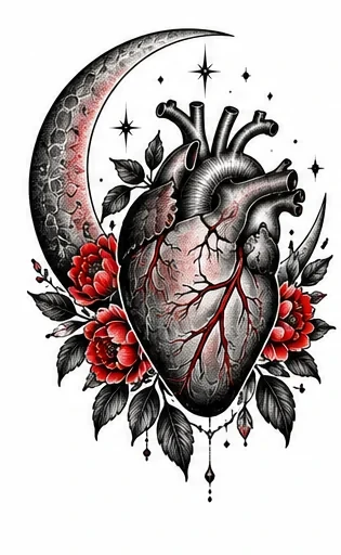 Anatomical heart and crescent tattoo artwork reference