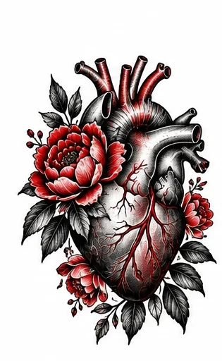 Anatomical heart with flowers tattoo artwork reference