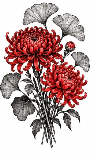 Chrysanthemums and ginkgo leaves tattoo artwork reference