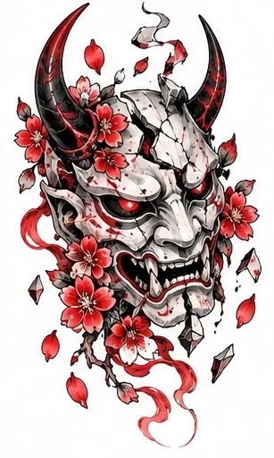 Cracked oni-inspired mask and petals tattoo artwork reference