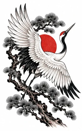 Crane with pine tattoo artwork reference