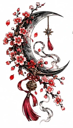 Crescent blade and floating sakura tattoo artwork reference