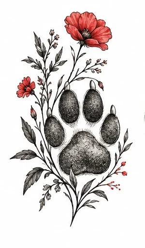 Dog paw with a wildflower tattoo artwork reference
