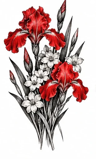 Irises and small white blossoms tattoo artwork reference