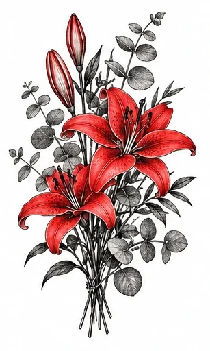 Lilies with eucalyptus tattoo artwork reference
