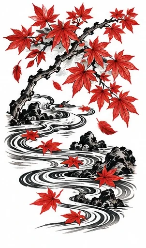 Maple branch and water tattoo artwork reference
