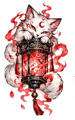 Mischievous cat-spirit lantern tattoo artwork reference