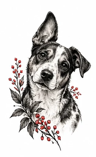 Mixed-breed dog with one upright ear tattoo artwork reference