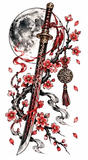 Original moon guardian's sword and blossoms tattoo artwork reference