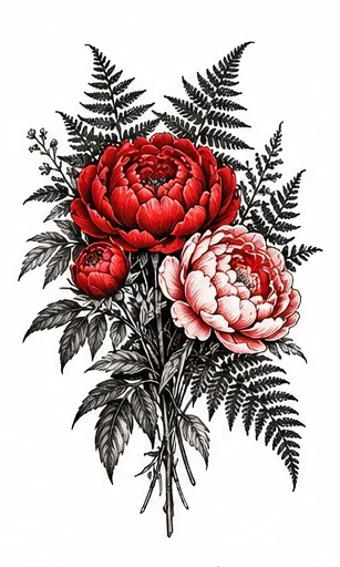 Peonies and fern tattoo artwork reference