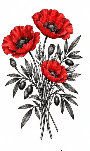 Poppies and olive leaves tattoo artwork reference