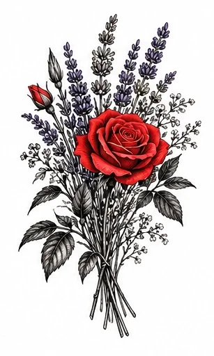 Rose and lavender bouquet tattoo artwork reference