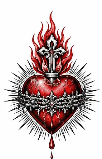 Sacred-style flaming heart tattoo artwork reference