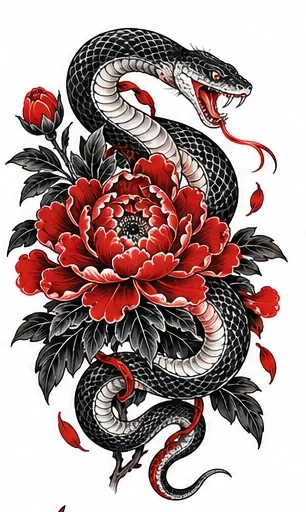 Snake and peony tattoo artwork reference
