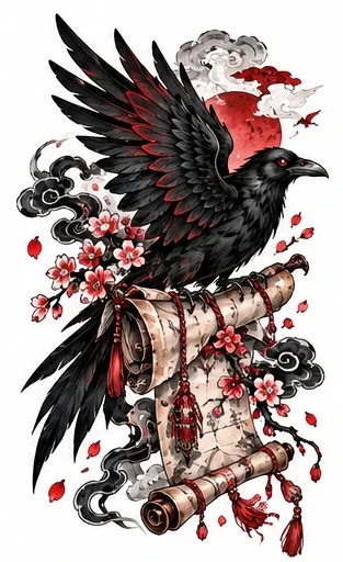 Stylized raven and enchanted scroll tattoo artwork reference