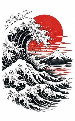 Wave and red sun tattoo artwork reference