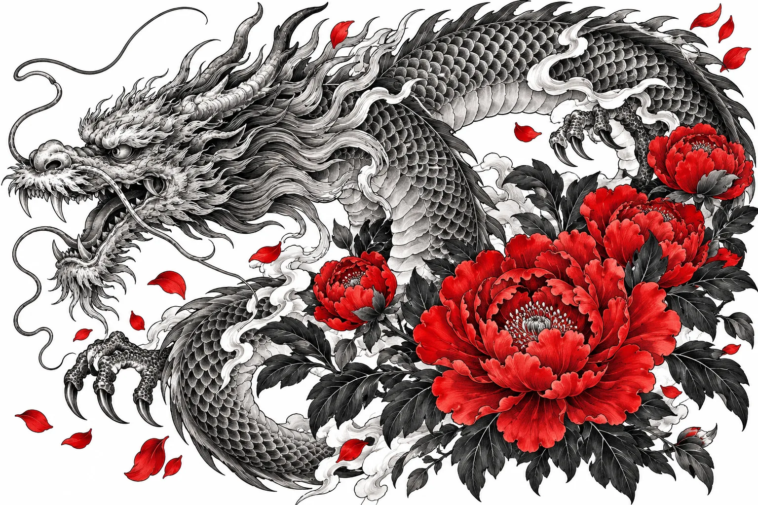 Original black Japanese dragon and red peony tattoo artwork
