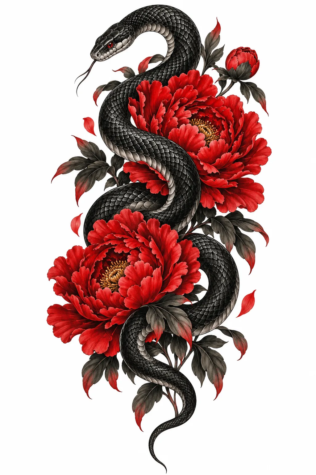 Snake & peonies original tattoo design illustration