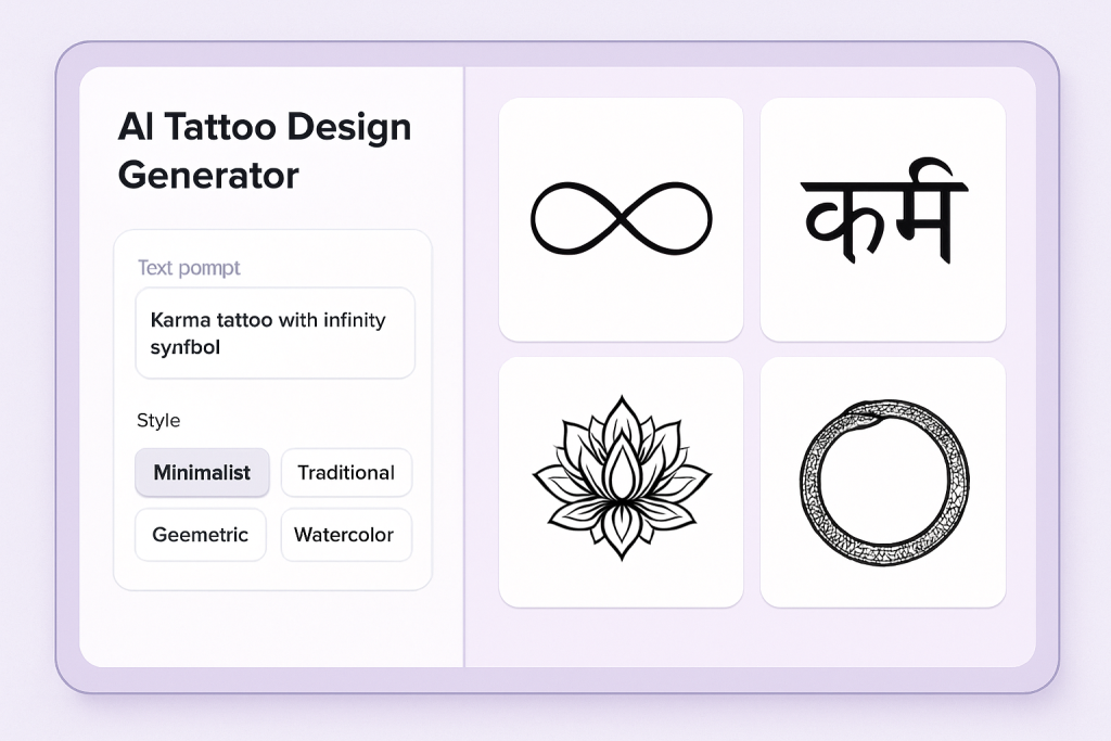 AI tattoo generator interface showing karma design options