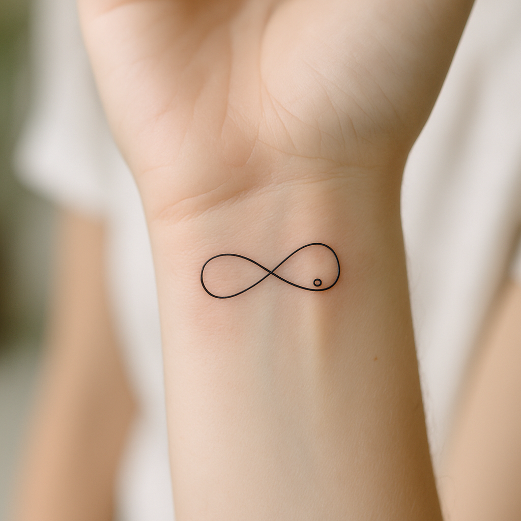 Minimalist first karma tattoo on inner wrist with infinity loop design