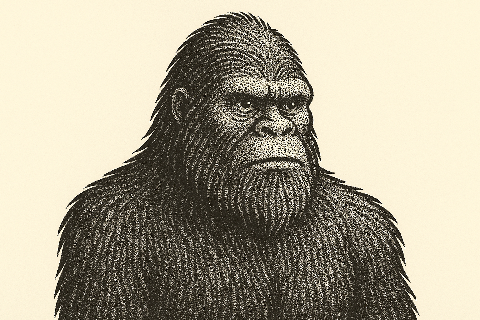 Dotwork bigfoot portrait with intricate stippling technique