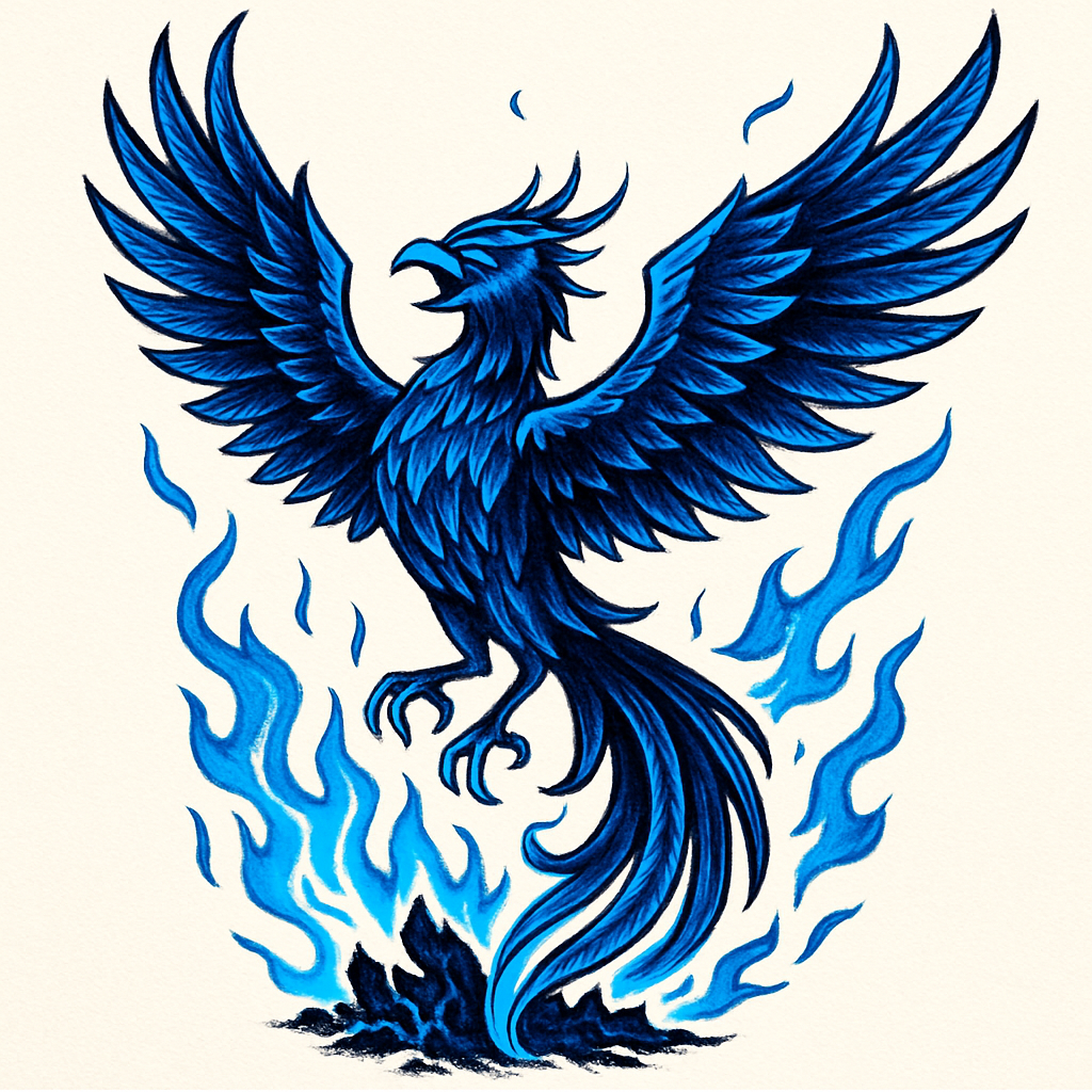 Glowing blue phoenix rising from ashes karma tattoo design
