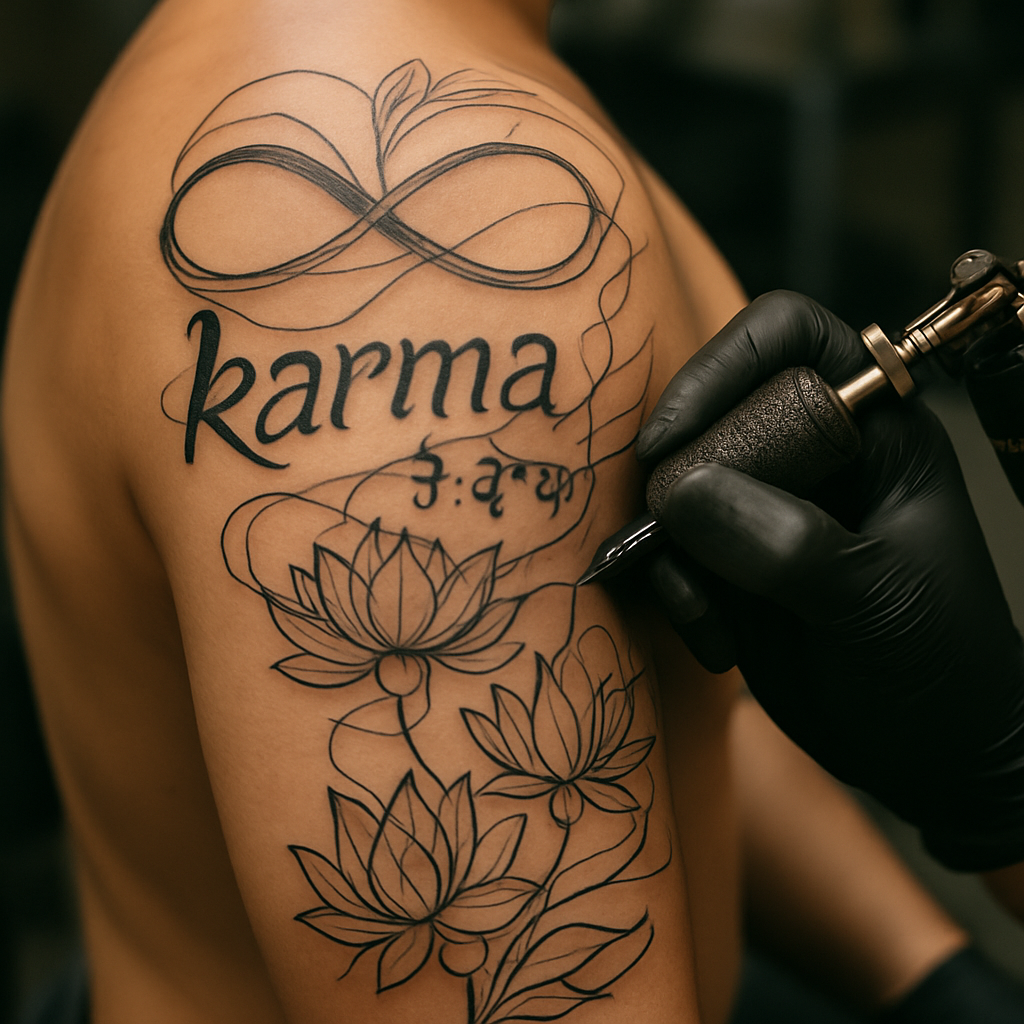 Large karma tattoo work in progress with infinity symbol and Sanskrit calligraphy