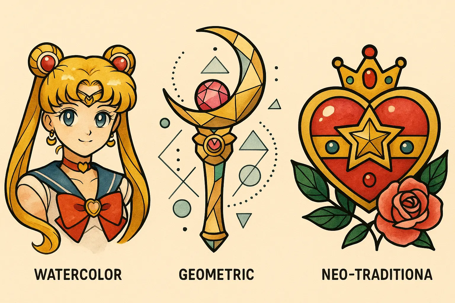Watercolor Sailor Moon transformation tattoo