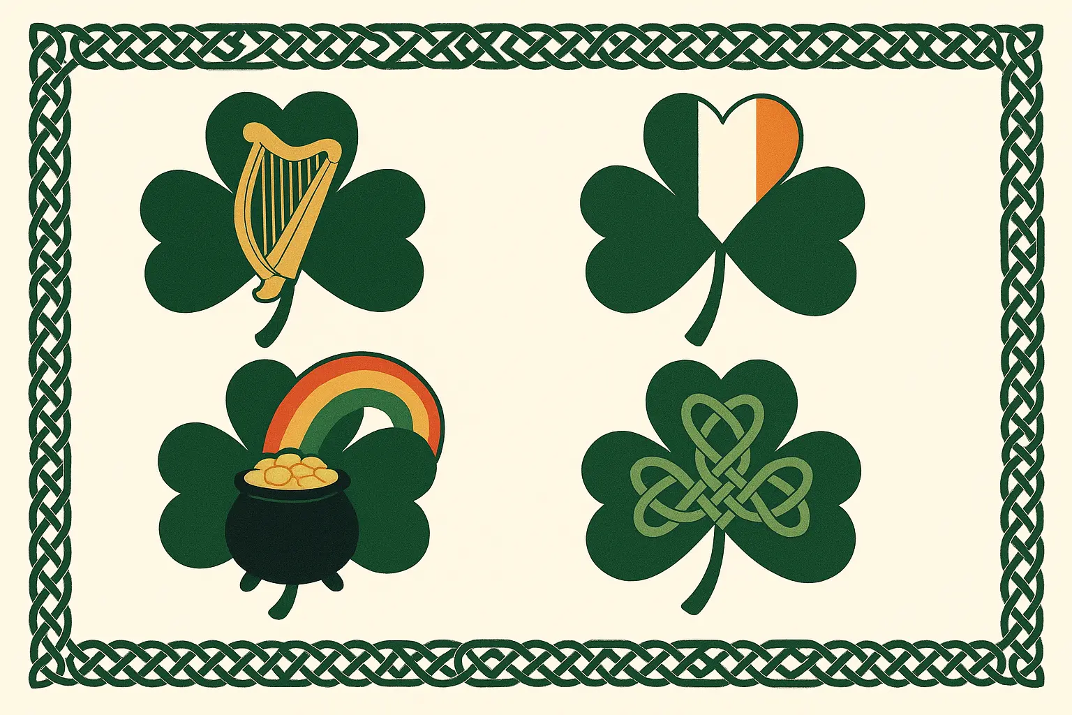 Shamrock design with Celtic knot border and traditional Irish elements
