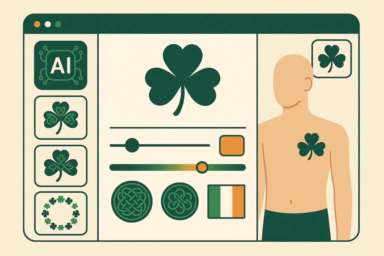 Tattoo Generator IQ platform showing shamrock design customization options