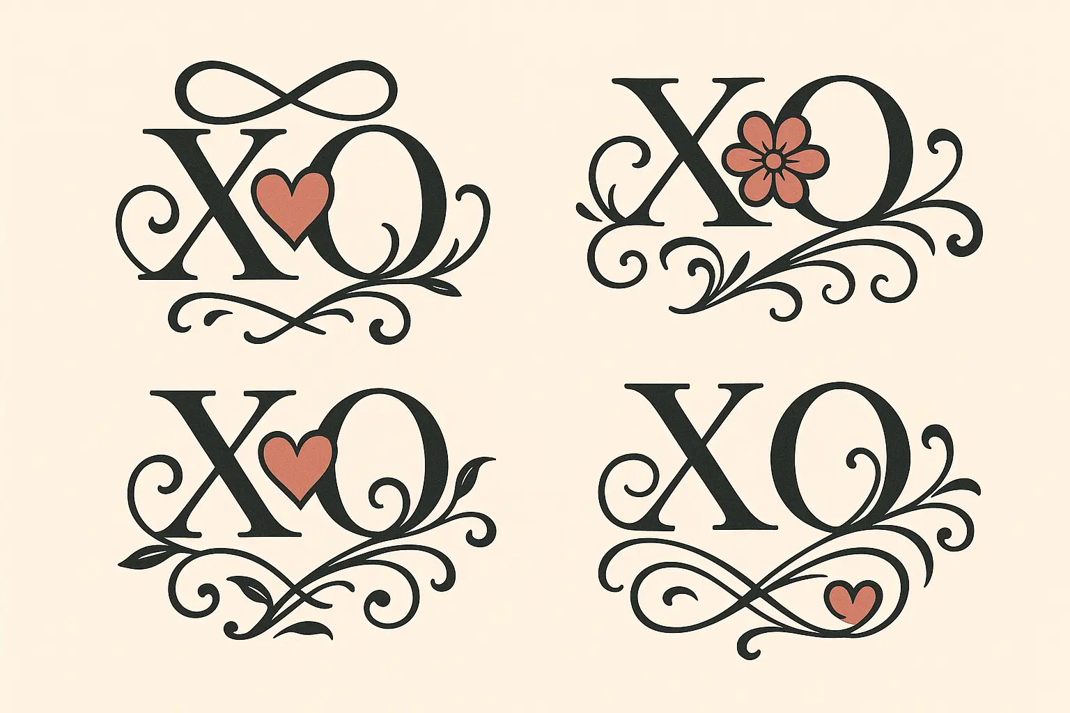 Decorative XO tattoo designs with hearts and symbols