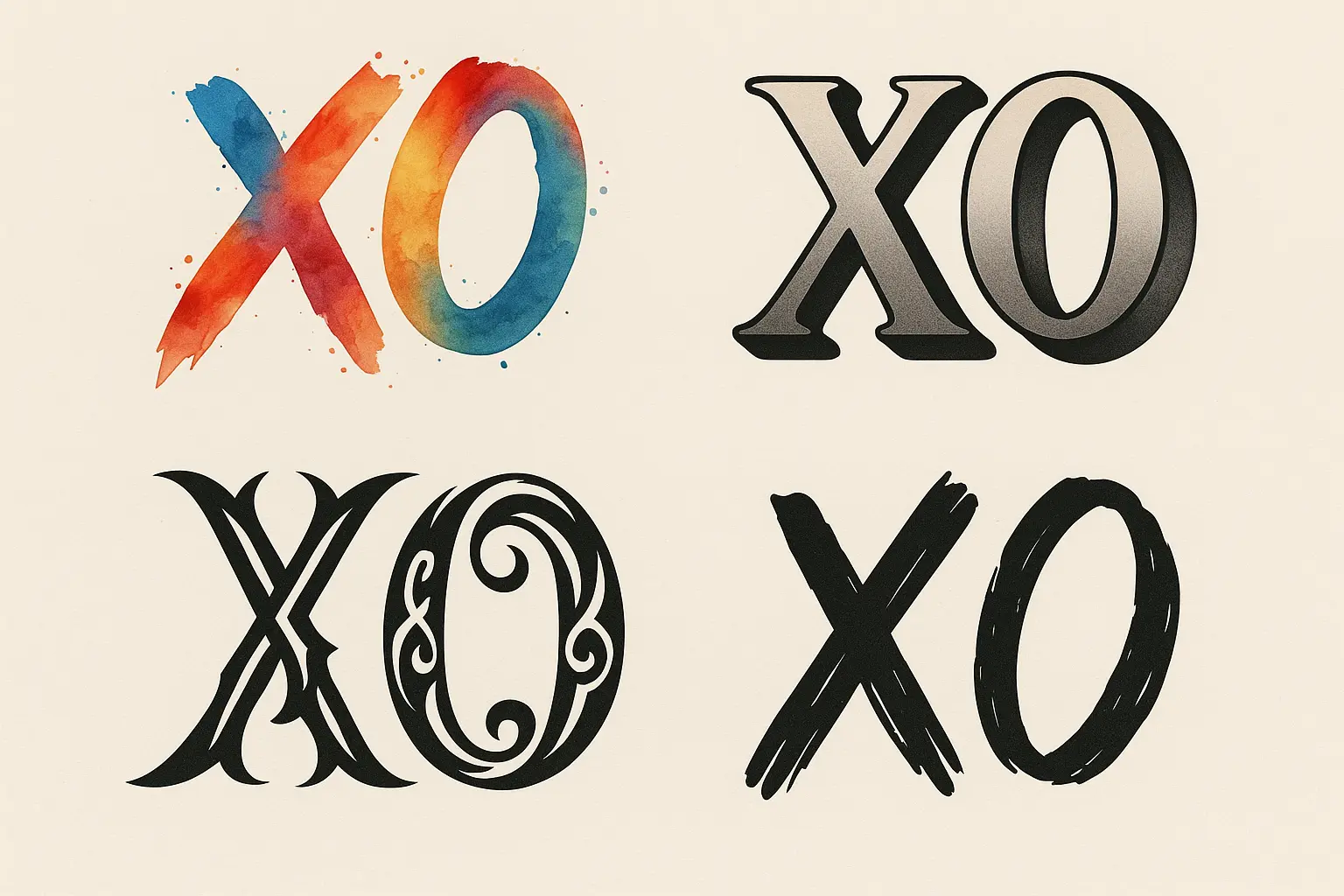 Artistic and stylized XO tattoo design variations