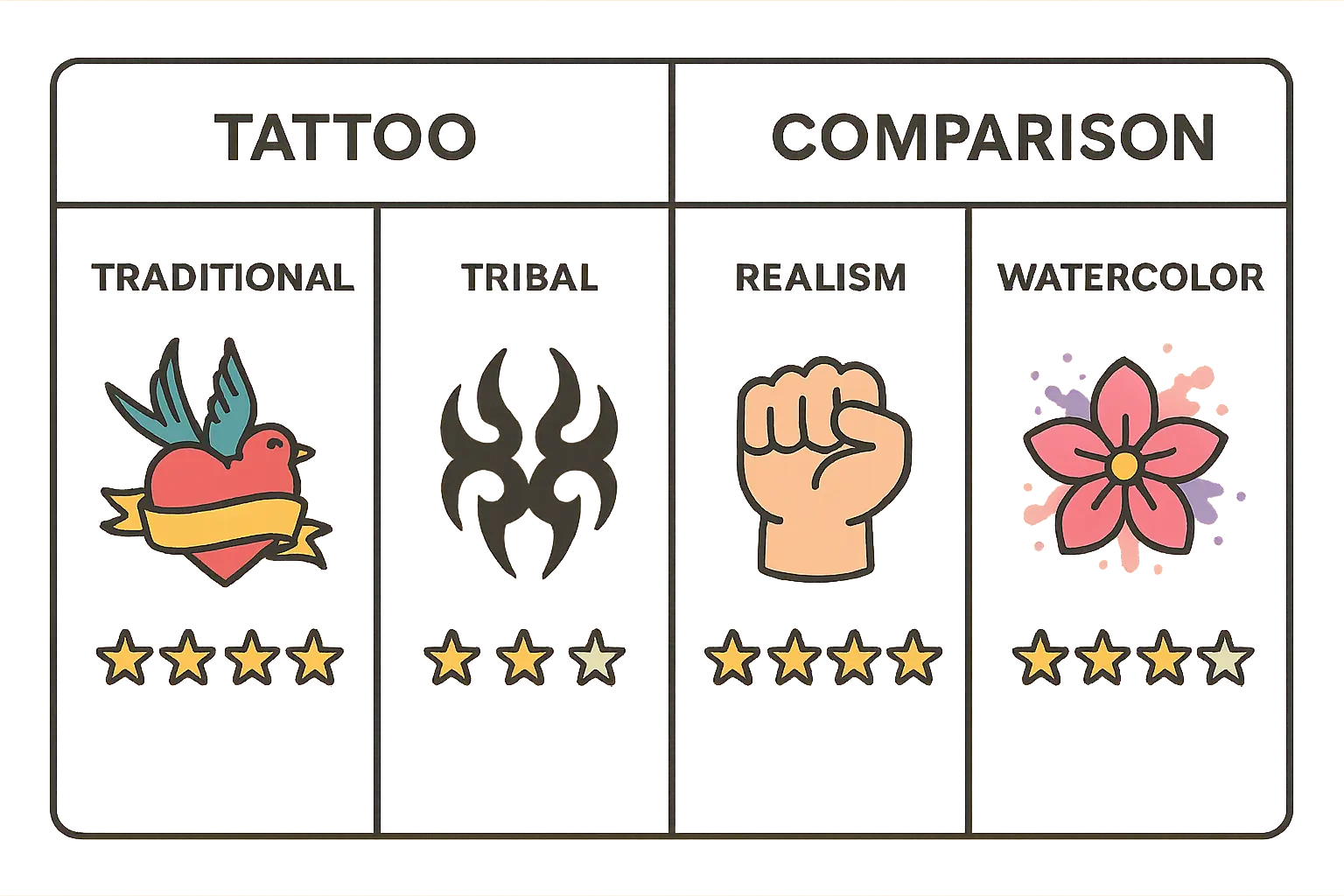 Comparison chart of different resilience tattoo categories
