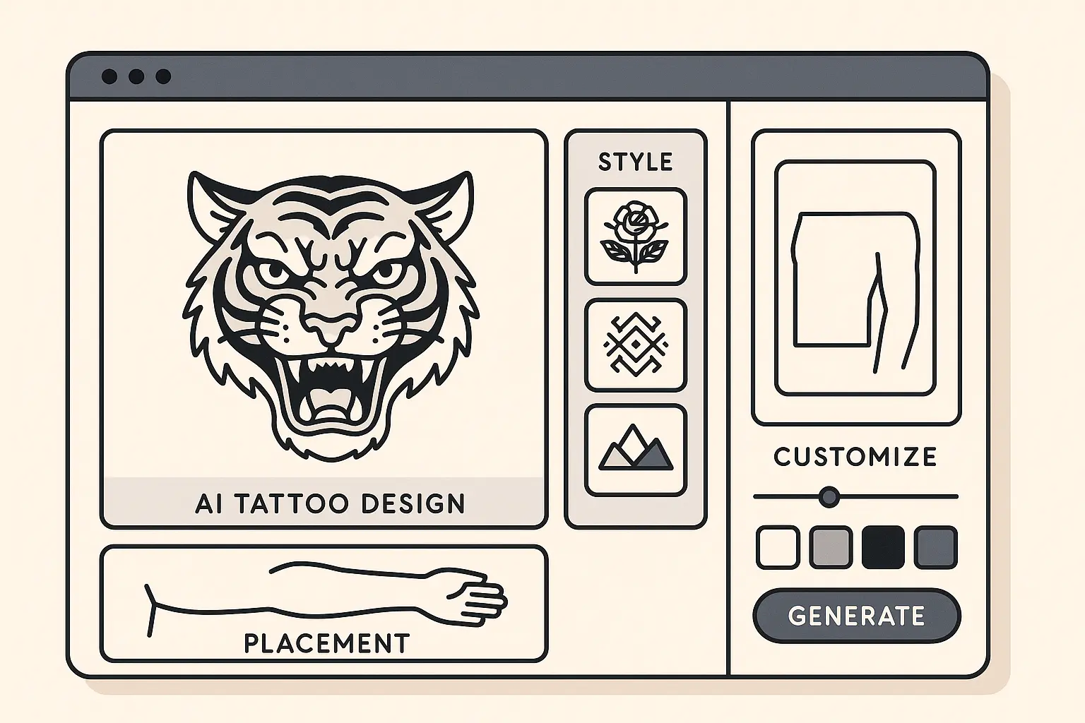 AI tattoo generator interface showing resilience tattoo design options