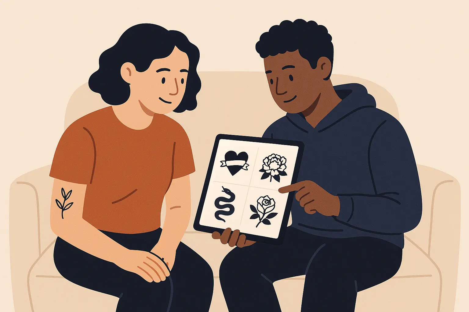 Couple showing off matching tattoo designs