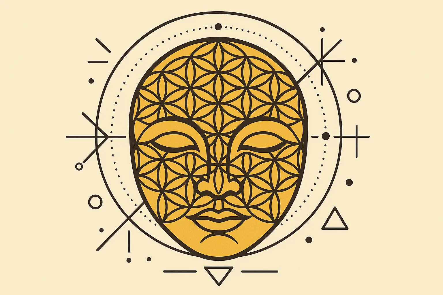 Sacred geometry mask tattoo with mathematical patterns