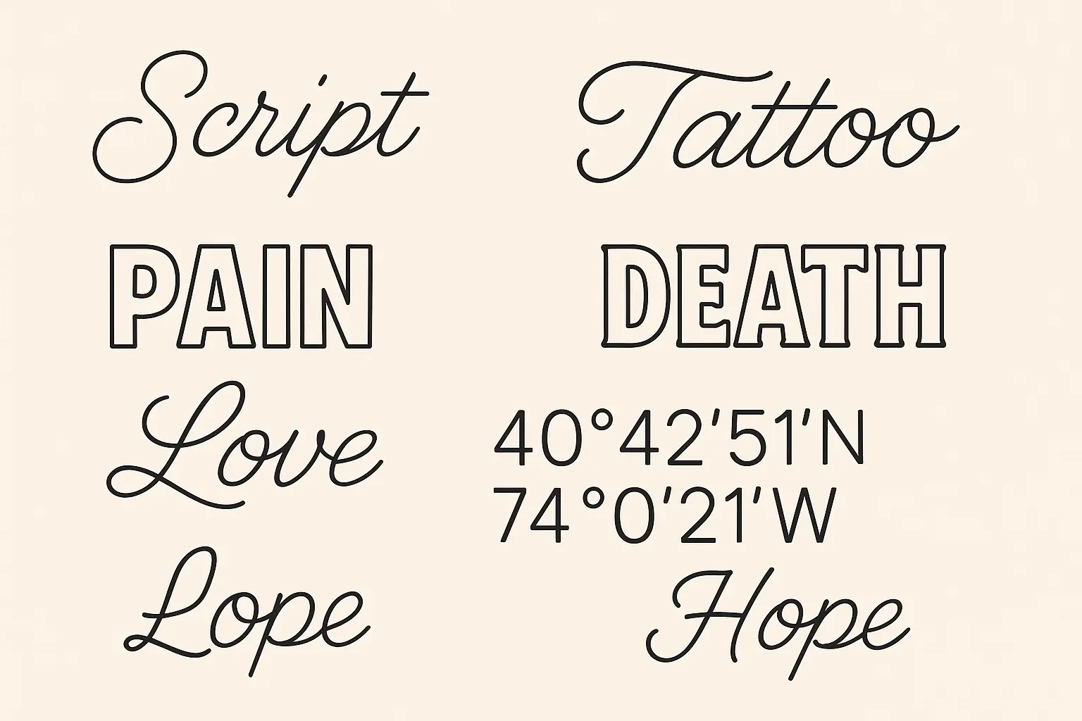 Text and typography linework tattoo designs