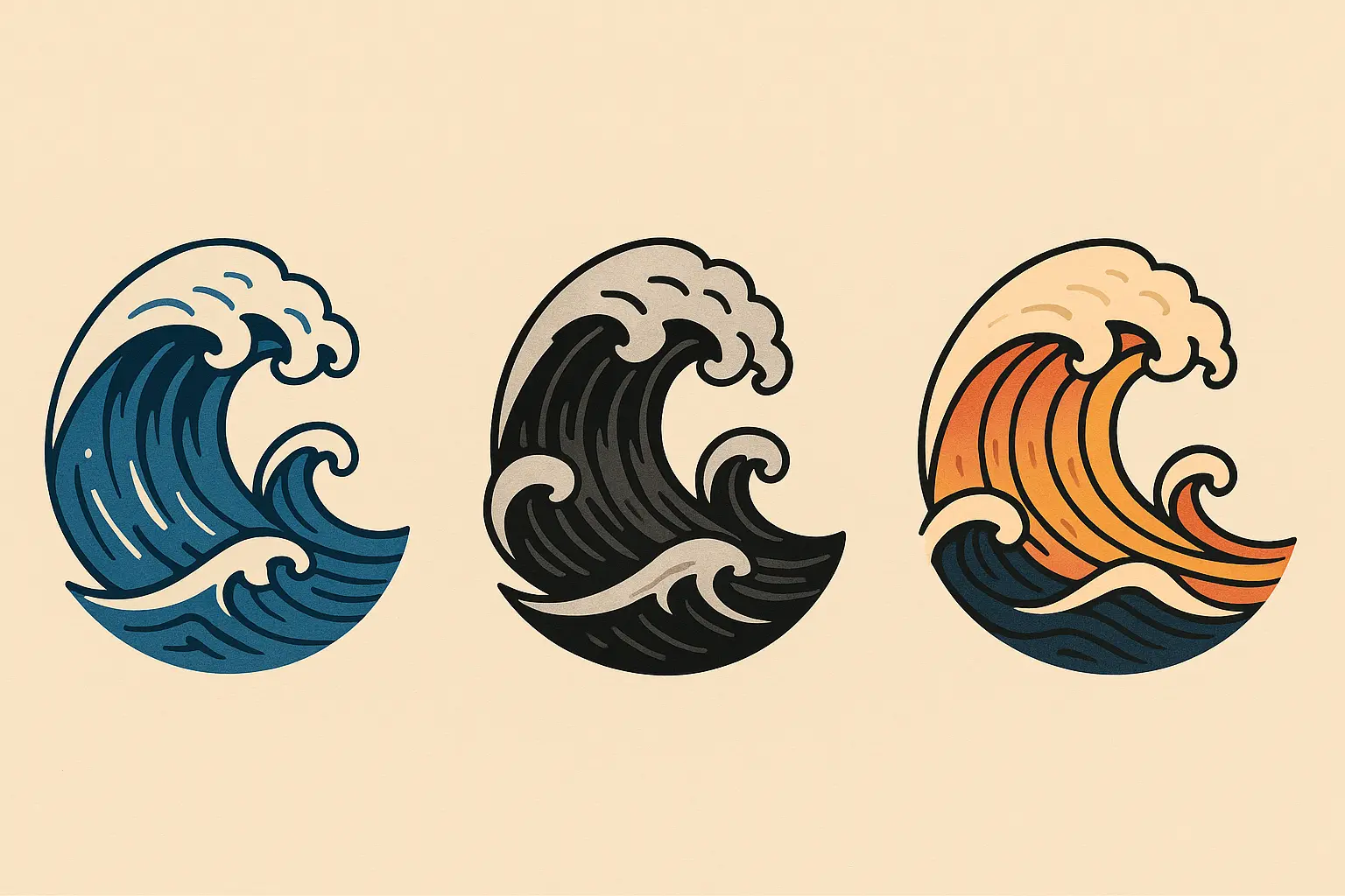 Color versus black and gray Japanese wave tattoo variations